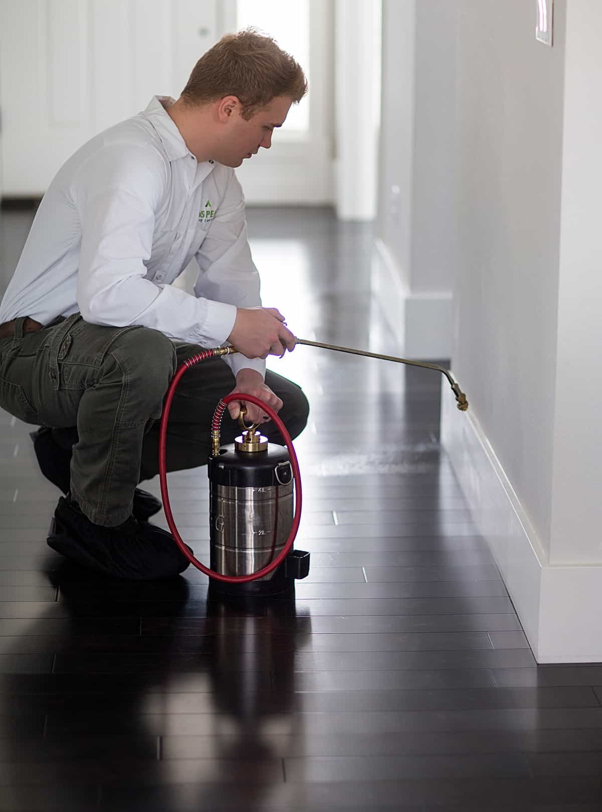 Aspen Pest Control Technician Treating the Floorboards of a Portland OR Home