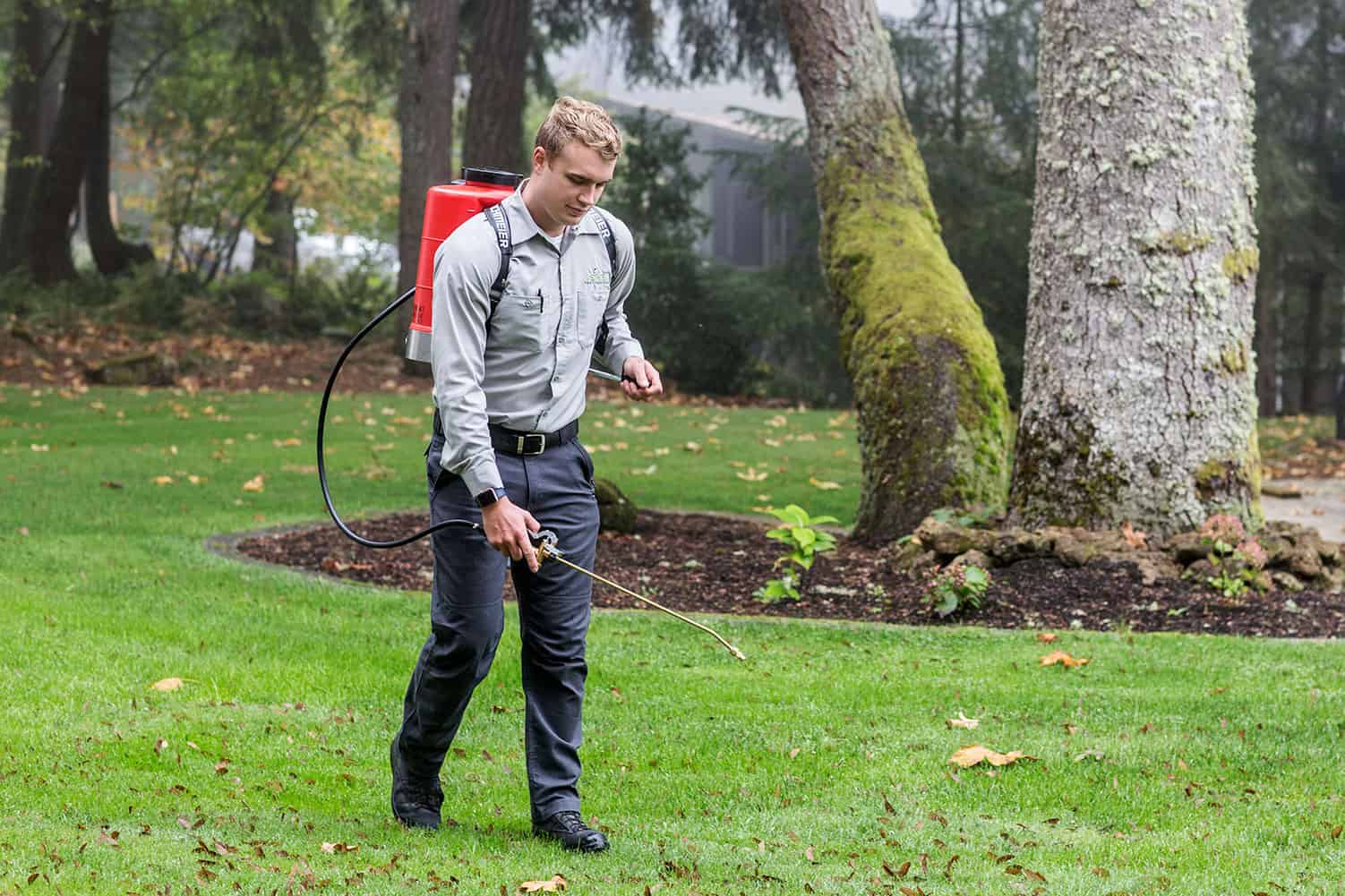 Aspen Pest Control Technician Treating a Vancouver WA Yard with Green Pest Control Product