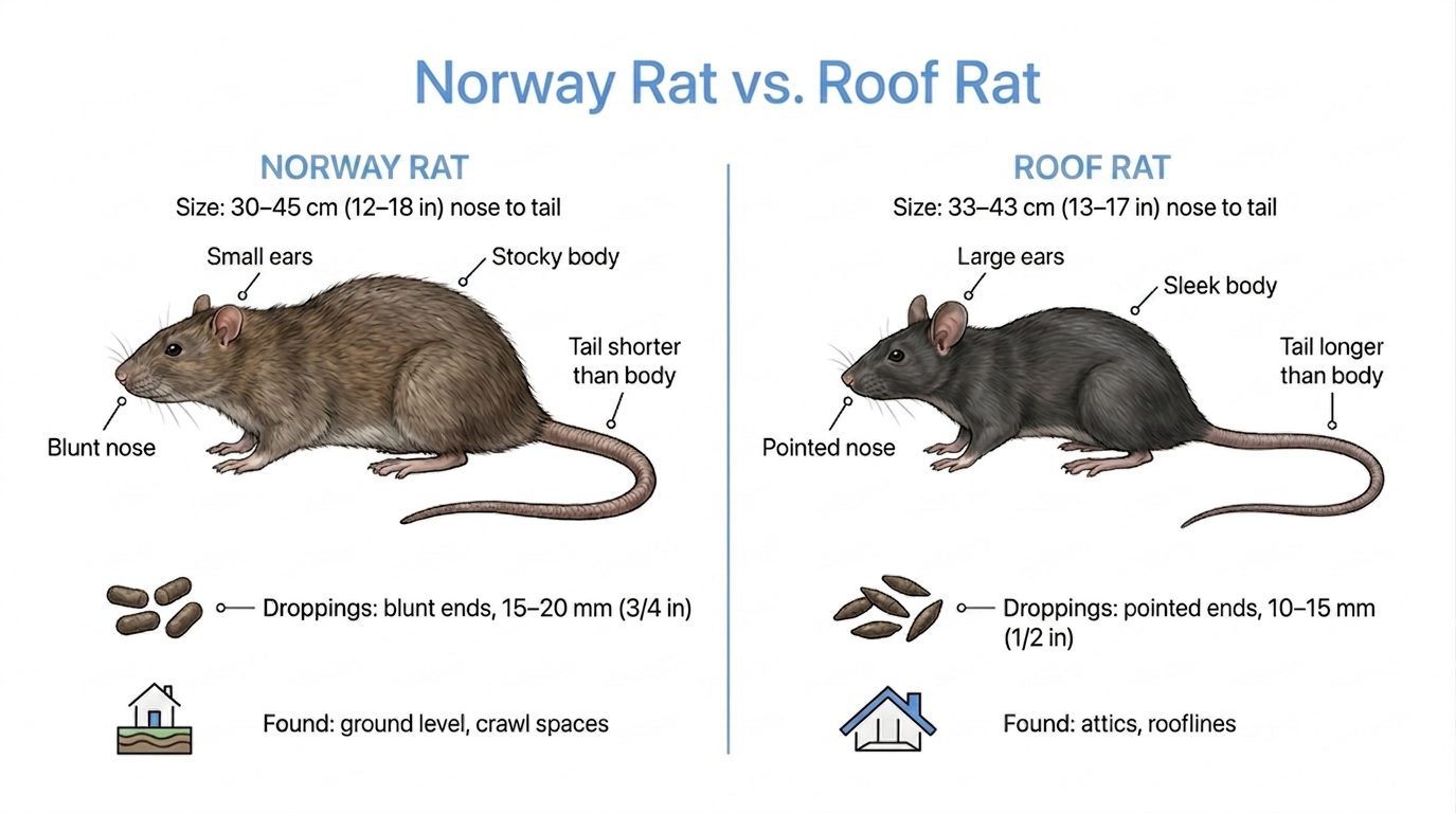 Norway rat vs roof rat comparison chart showing size, nose, ears, tail length, and droppings differences